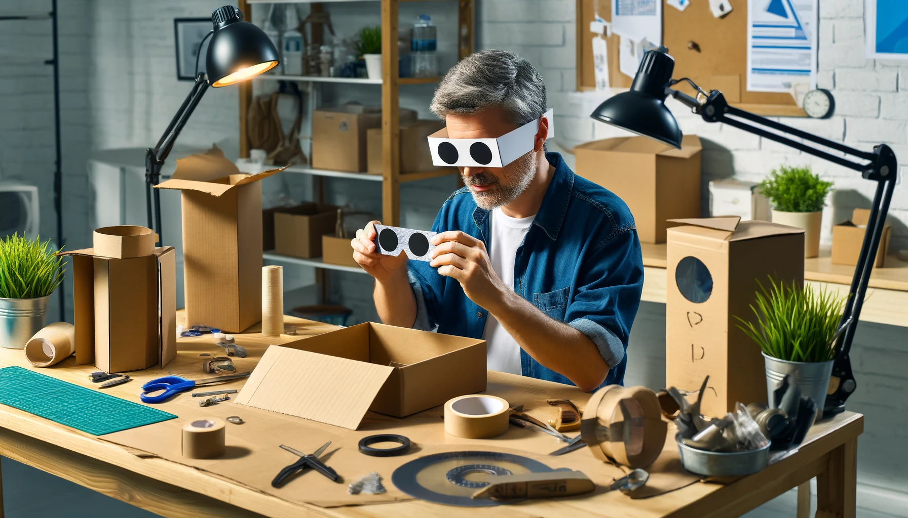 DALL·E 2024-04-25 17.52.30 - A detailed instructional widescreen image showing a person making DIY solar eclipse glasses. The scene includes a middle-aged Caucasian man sitting at